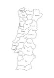 Vector isolated illustration of simplified administrative map of Portugal. Borders and names of the regions. Black line silhouettes