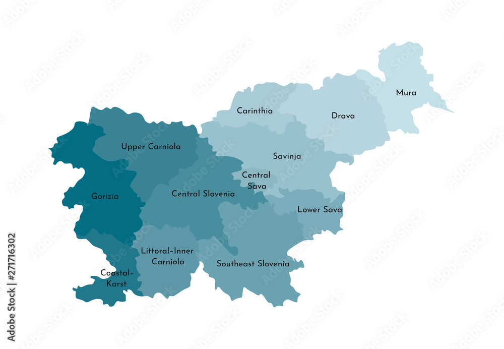 Vector isolated illustration of simplified administrative map of Slovenia. Borders and names of the regions. Colorful blue khaki silhouettes
