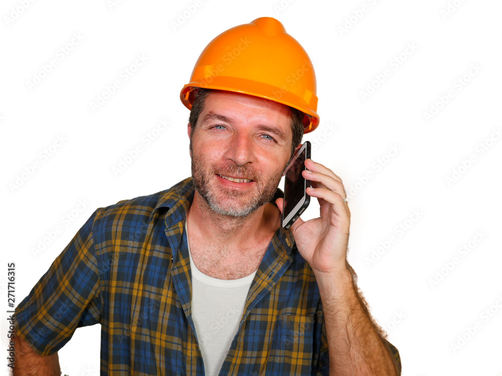 happy efficient and cheerful workman or contractor man wearing builder hat tallking with satisfied customer on mobile phone smiling confident isolated on white happy efficient and cheerful workman or contractor man wearing builder hat tallking with satisfied customer on mobile phone smiling confident isolated on white