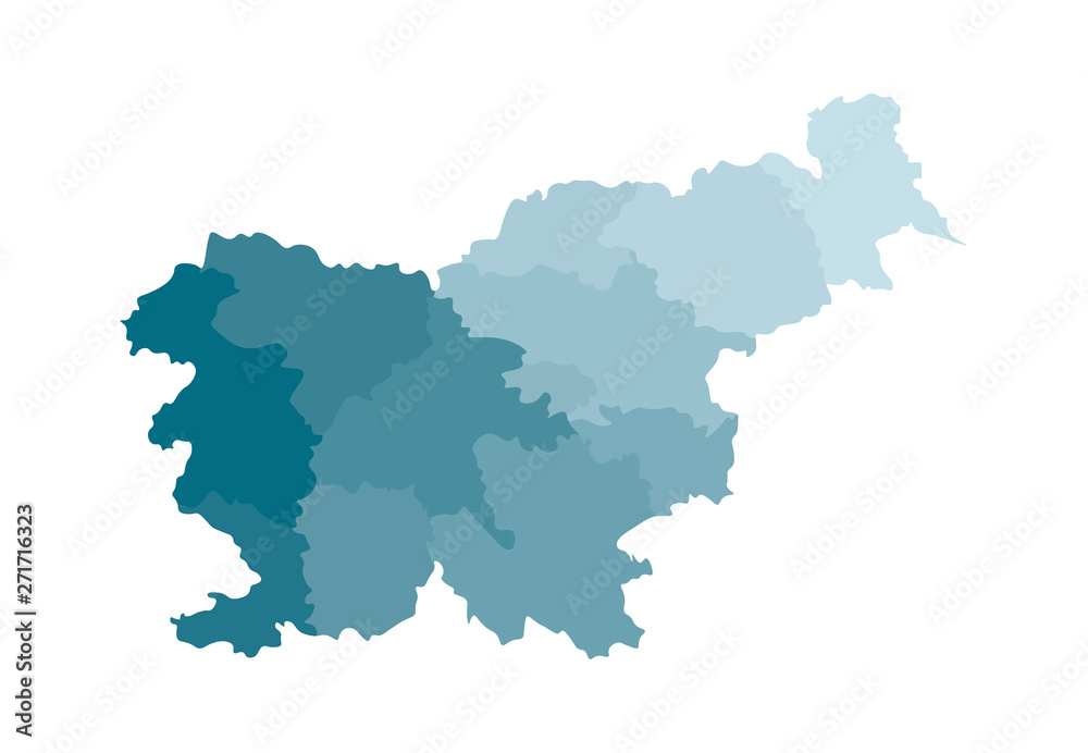 Vector isolated illustration of simplified administrative map of Slovenia. Borders of the regions. Colorful blue khaki silhouettes