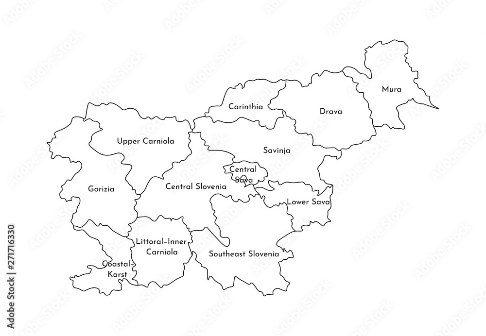 Vector isolated illustration of simplified administrative map of Slovenia. Borders and names of the regions. Black line silhouettes