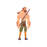 Muscular Barbarian Warrior with Sword, Medieval Historical Cartoon Character in Traditional Costume Vector Illustration