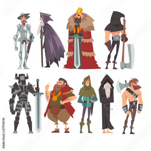 Medieval Historical Cartoon Characters in Traditional Costumes Set, Warrior, King, Knight, Old Wizard, Monk, Executioner Vector Illustration