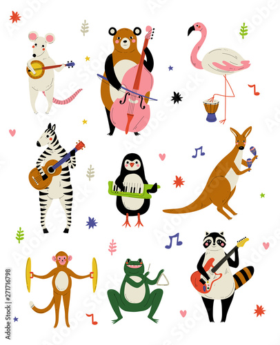Collection of Cute Cartoon Animals Musicians Characters Playing Various Musical Instruments Vector Illustration
