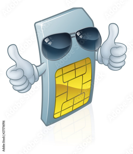 A mobile phone sim card cartoon character mascot wearing cool shades or sunglasses giving a double thumbs up.
