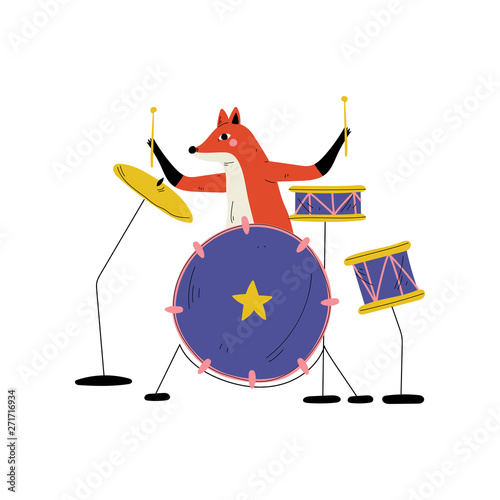 Fox Playing Drums, Cute Cartoon Animal Musician Character Playing Percussion Musical Instrument Vector Illustration