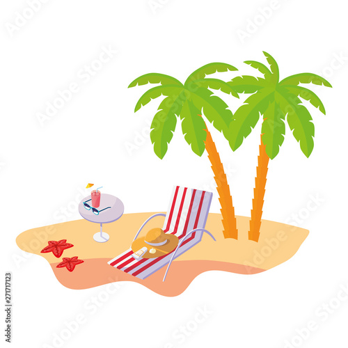 summer beach scene with tree palms and chair