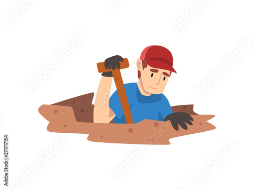 Male Archaeologist Digging Soil Layers, Scientist Working on Excavations Vector Illustration