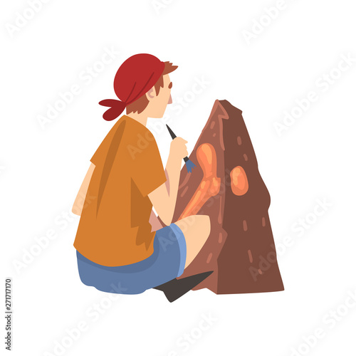 Male Archaeologist Sitting on Ground and Sweeping Dirt from Bones of Skeleton Using Brush, Paleontology Scientist Working on Excavations Vector Illustration