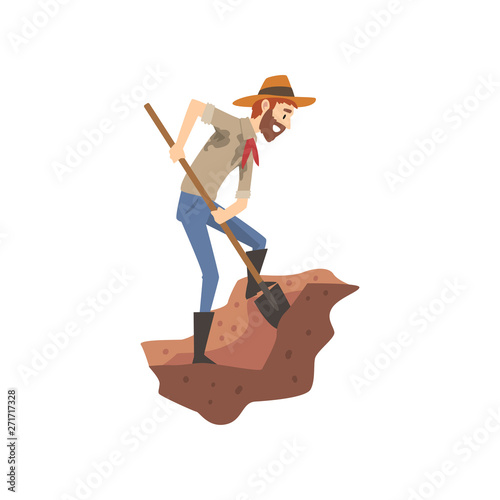 Male Archaeologist Digging Soil with Shovel, Scientist Working on Excavations Vector Illustration