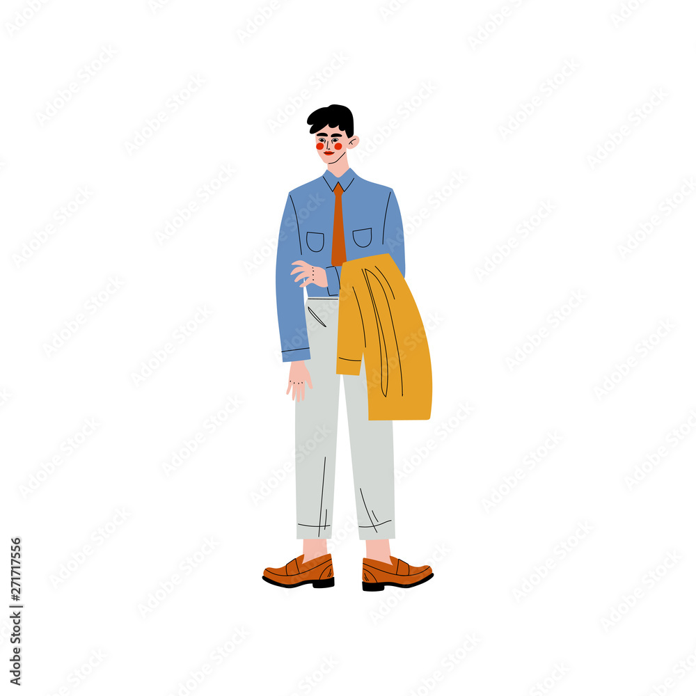 Business Man Standing and Holding Jacket in his Hands, Office Employee, Entrepreneur or Manager Character Vector Illustration