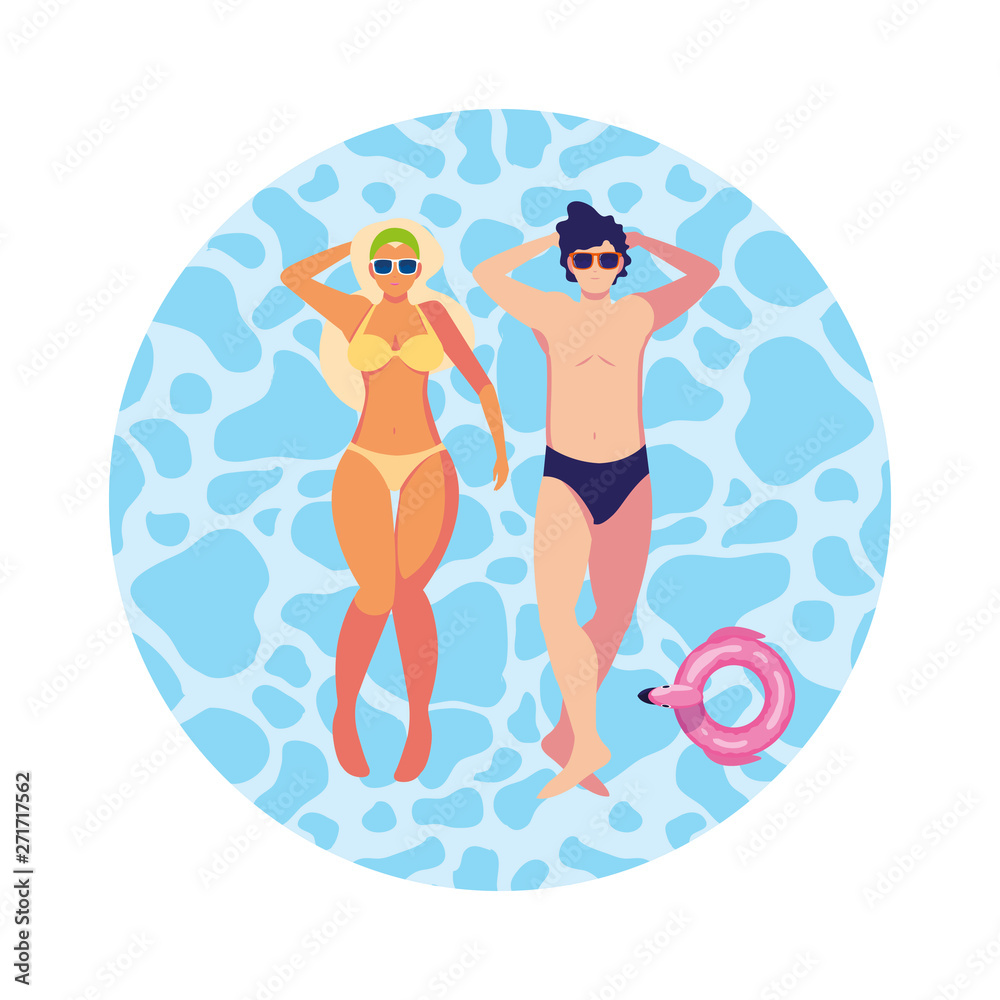 young couple with swimsuit floating in water