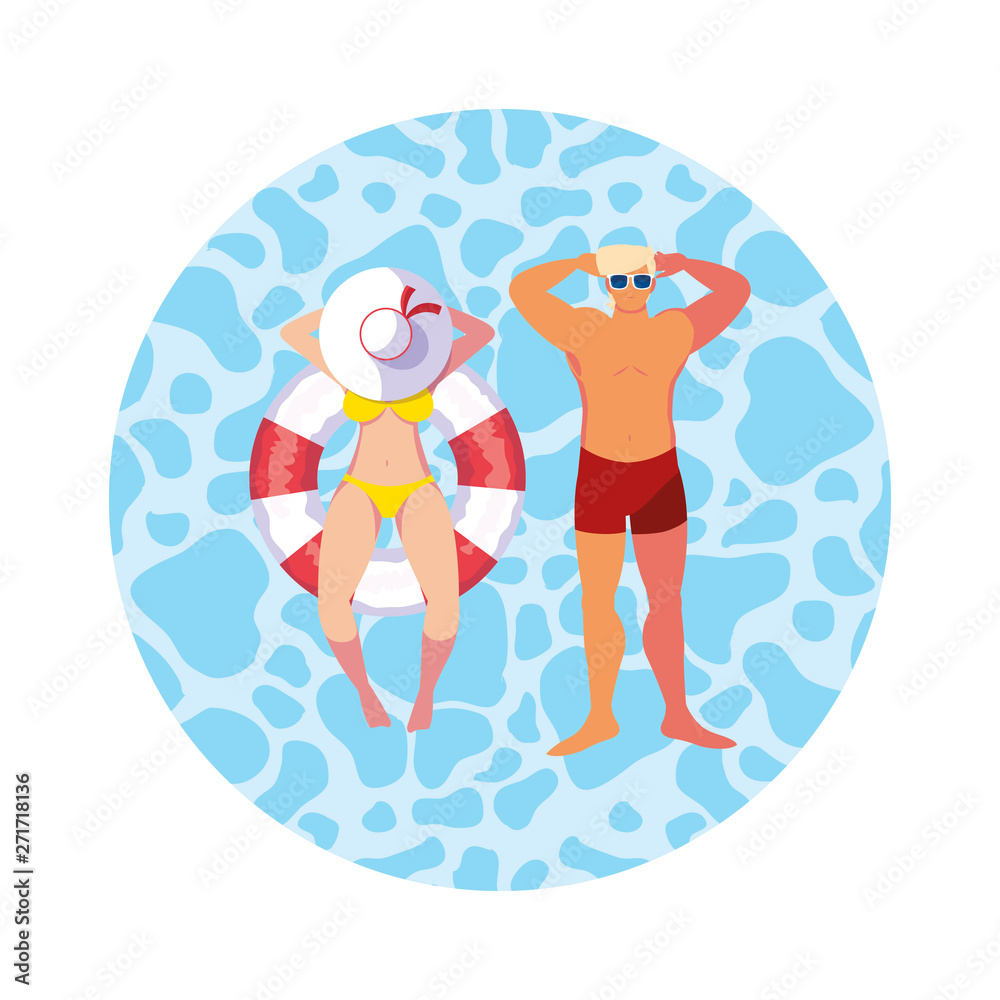 young couple with swimsuit and float in water
