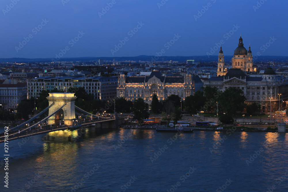 Beautiful top view of the sights of Budapest, Chain Bridge and St. Stephen's Basilica