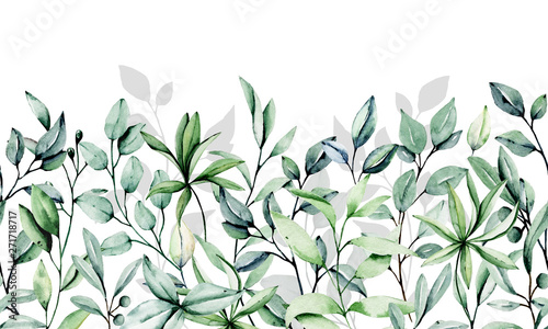 Seamless floral pattern, repeat border with watercolor leaf . Hand paint leaves. For print on wedding invitation, greeting card, wall art, stickers and other. Isolated on white background. 