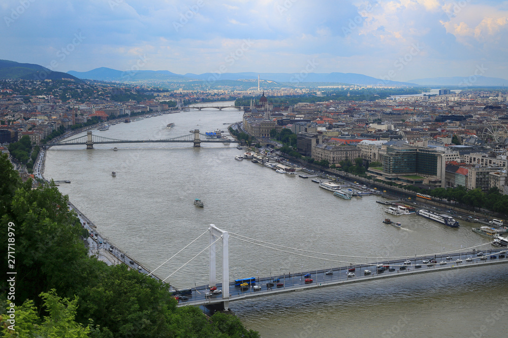 Panoramic top view of the sights of Budapest on a rainy summer day, Hungary