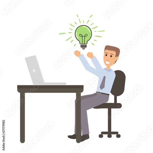 Successful businessman with idea sitting on office desk with laptop. Cartoon flat illustration Earning money on the Internet. Intellectual labour