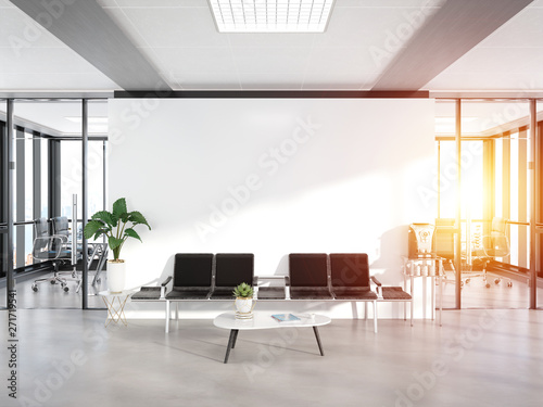 Blank white wall in concrete waiting room with large windows Mockup 3D rendering