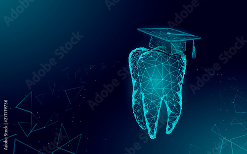 E-learning distance medicine dental graduate certificate program concept. Low poly 3D render graduation cap on tooth banner template. Internet education course degree vector illustration