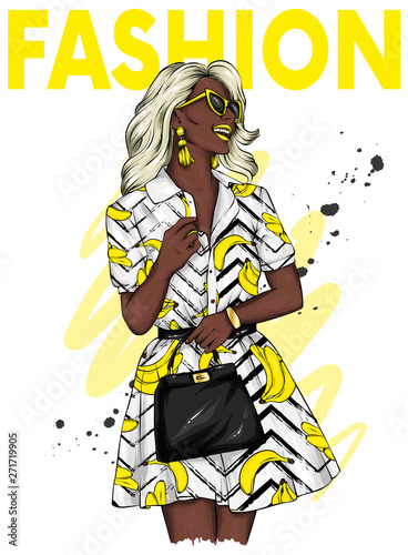 Beautiful girl in a stylish summer dress and glasses. Vector illustration for ottyki or poster, print on clothes. Fashion & Style. 