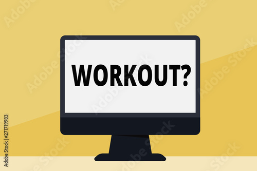 Word writing text Workoutquestion. Business photo showcasing Activity for wellness bodybuilding training exercising Blank Space Desktop Computer Colorful Monitor Screen Freestanding on Table