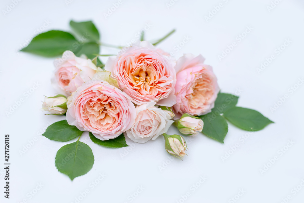 Floral arrangement, web banner with pink English roses, ranunculus, carnation flowers and green leaves on white table background. Flat lay, top view. Wedding or birthday styled stock photography.