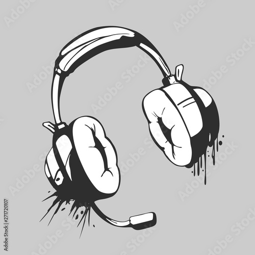 Headset Black and white Graffiti Style wall painting doodle, vector illustration.