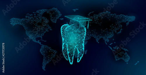 E-learning distance medicine dental graduate certificate program concept. Low poly 3D render graduation cap tooth World map banner template. Internet education course degree vector illustration