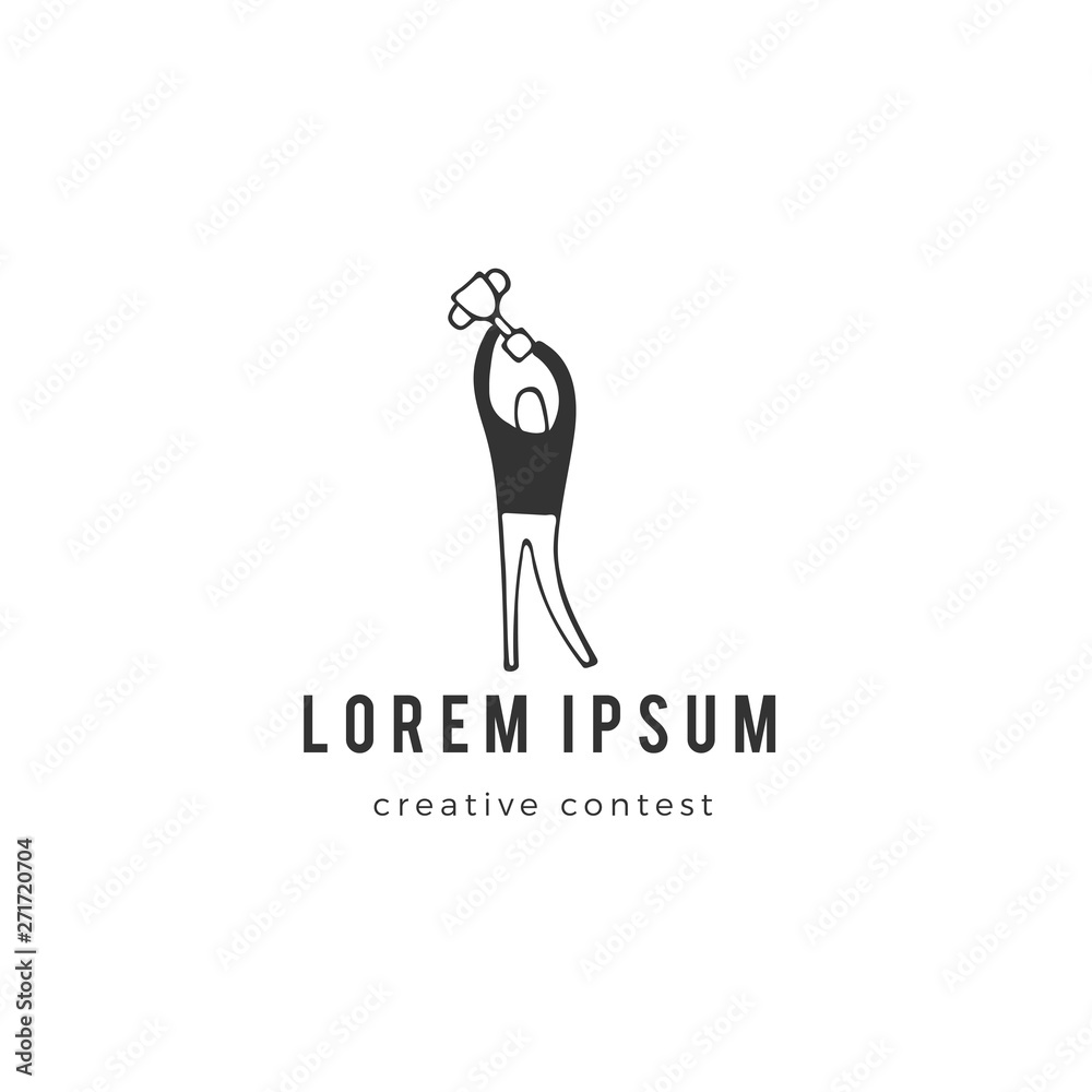Fototapeta premium A man with the winners cup, symbol of victory. Vector hand drawn logo.