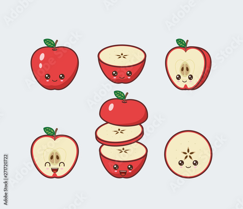 Apple set drawn cute kawaii food faces