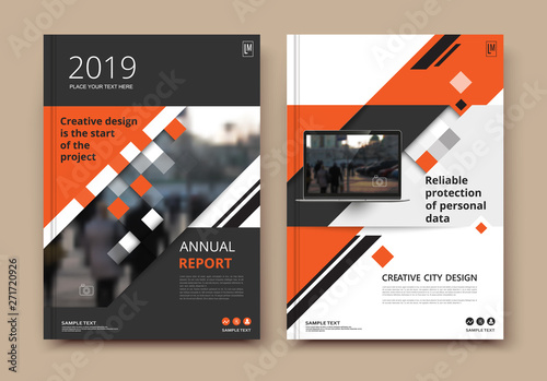 Abstract composition. White a4 brochure cover design. Info banner frame. Text font. Title sheet model set. Modern vector front page. Brand logo texture. Orange color figures image icon. Ad flyer fiber
