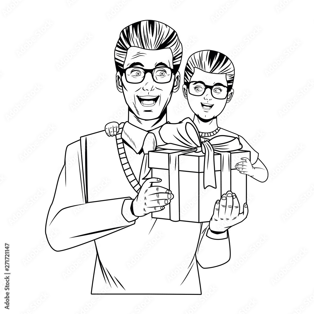 man carrying a boy with a gift box black and white man carrying a boy with a gift box black and white