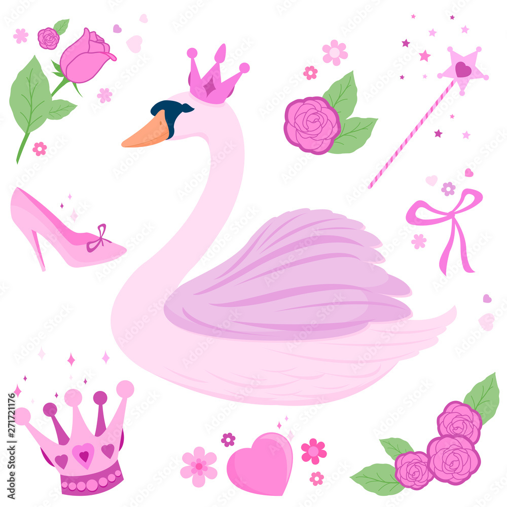 A beautiful pink princess swan, a magic wand, tiaras, flowers and ribbons. Vector fairy tale set A beautiful pink princess swan, a magic wand, tiaras, flowers and ribbons. Vector fairy tale set