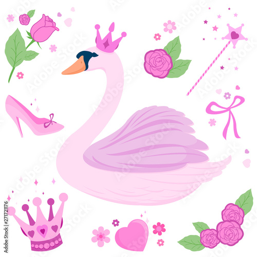 A beautiful pink princess swan, a magic wand, tiaras, flowers and ribbons. Vector fairy tale set