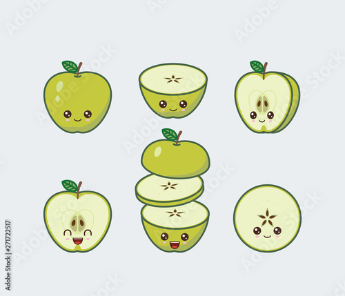 Apple set drawn cute kawaii food faces