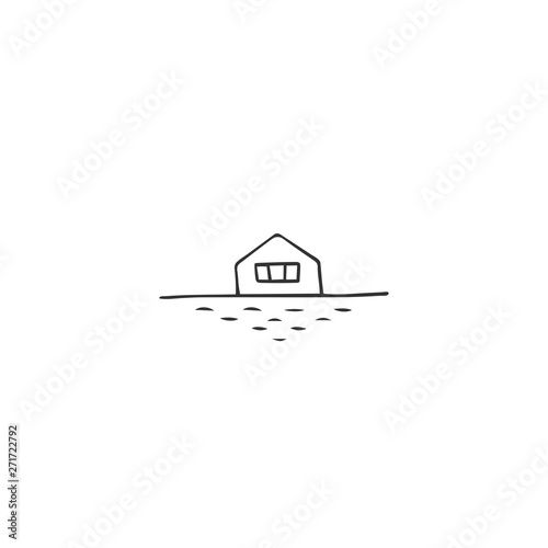 Vector hand drawn icon, a house near water. Property rental theme.