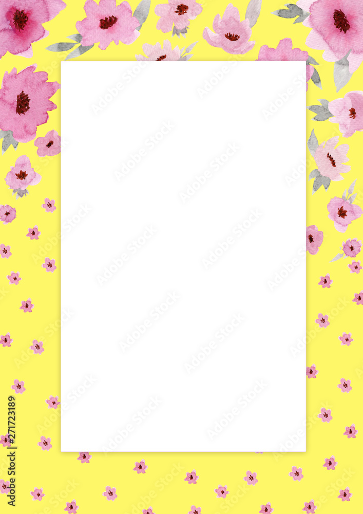 Flowers composition. Rectangular yellow frame made of pink flowers and leaves with space for text.