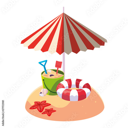 summer sand beach with umbrella and sand bucket toy