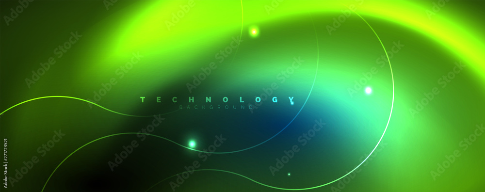 Obraz premium Trendy neon blue abstract design with waves and circles. Neon light glowing effect. Abstract digital background.