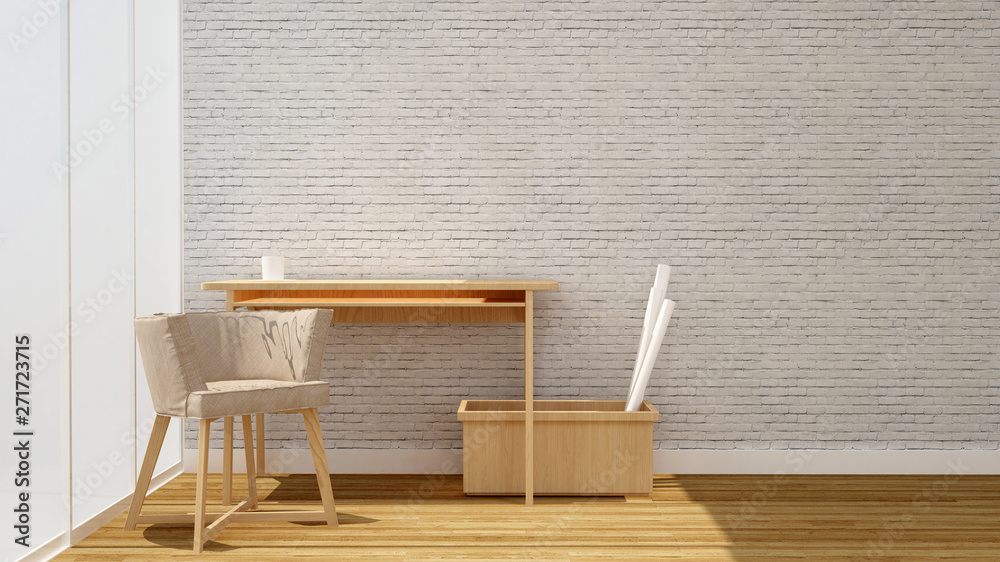 Work space and living area in home or apartment on interior design minimal style - 3D Rendering Work space and living area in home or apartment on interior design minimal style - 3D Rendering