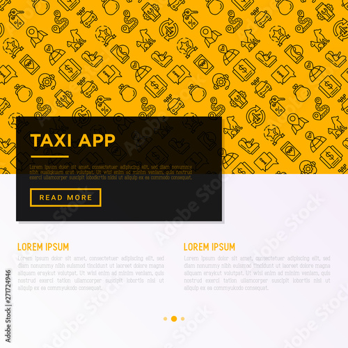 Taxi app concept with thin line icons: payment method, promocode, app settings, info, support service, pointer, destination, airport transfer, baby seat. Vector illustration for print media.