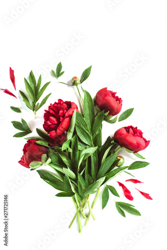 Flowers composition. Bouquet red peonies flowers on white background. Summer concept. Flat lay, top view, copy space