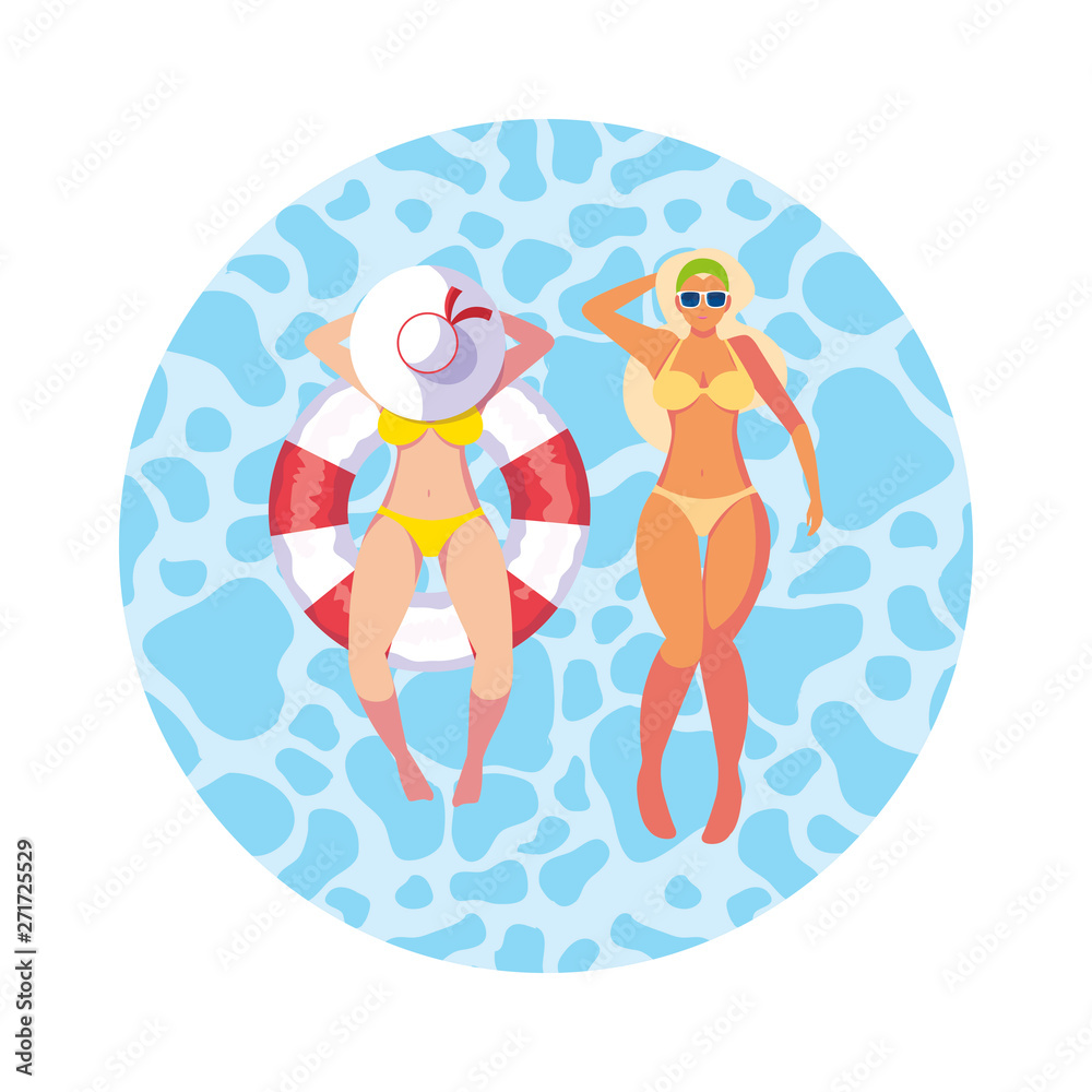 girls with swimsuit and lifeguard float in water
