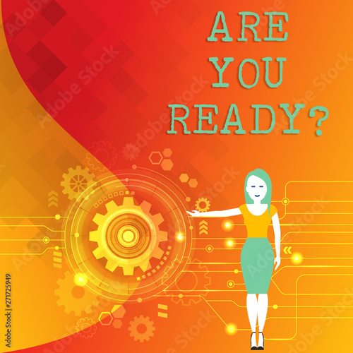 Word writing text Are You Readyquestion. Business photo showcasing Prepare well to face upcoming business changes Woman Standing and Presenting the SEO Process with Cog Wheel Gear inside