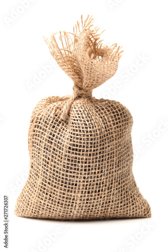 Hessian sack with ties forming over white background