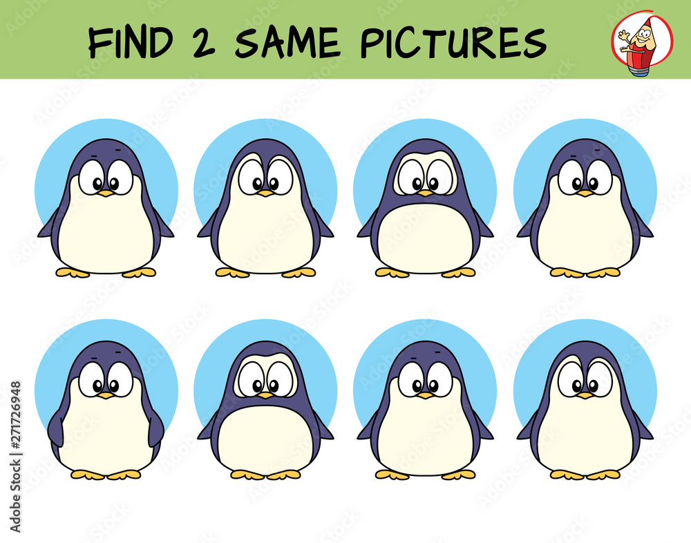 Fototapeta premium Funny little penguins. Find two same pictures. Educational game for children. Cartoon vector illustration