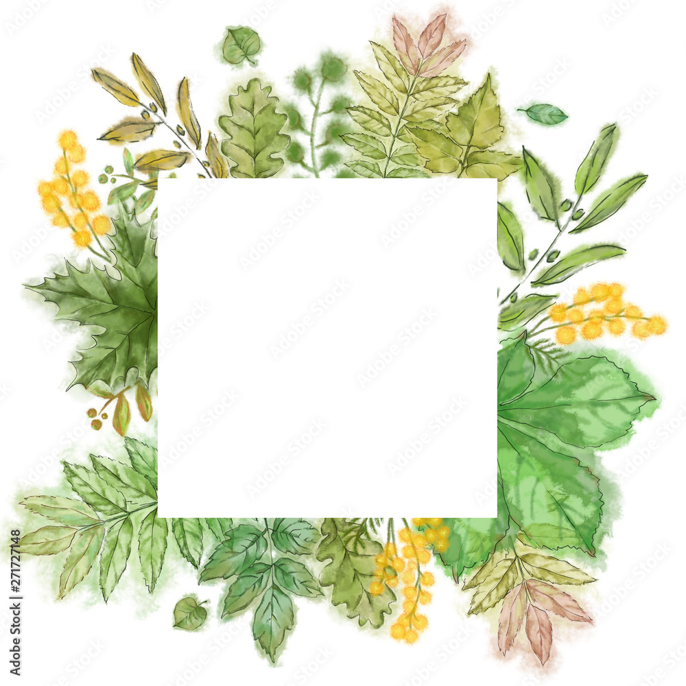 Blank White Copy space in Square Shape Decorated with Green Summer Leaves. Blank White Copy space in Square Shape Decorated with Green Summer Leaves.