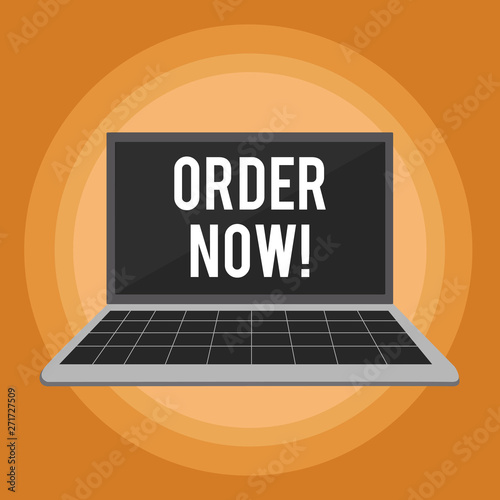 Writing note showing Order Now. Business concept for confirmed request by one party to another to buy or sell Laptop with Grid Design Keyboard Screen on Pastel Backdrop