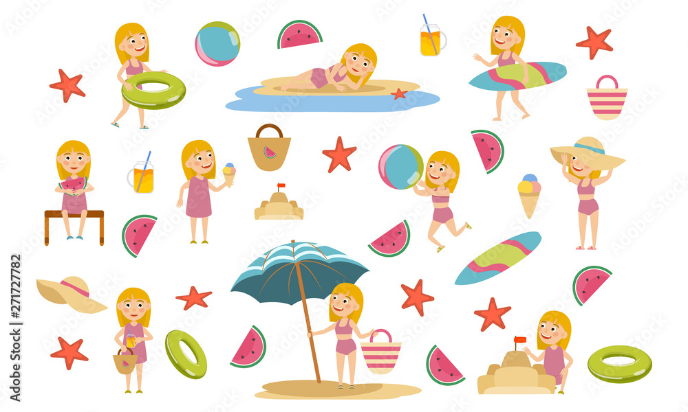Set blonde girl in different poses in summer dresses and swimsuits on the beach. Summer holidays. Beach relaxation and surfing. Vector illustration