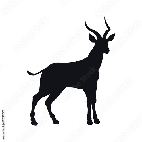 Black silhouette of african gazelle on white background. Isolated antelope icon. Wild animals of Africa. Savannah nature